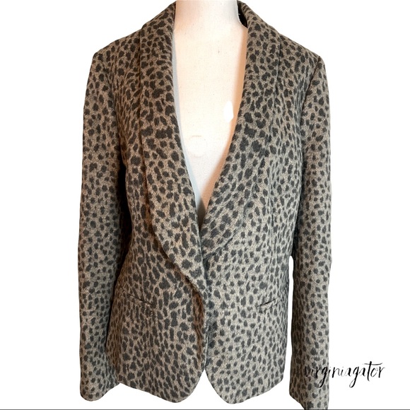 Ann Taylor Loft Gray Leopard Print Wool Blend Lined Fitted Button Blazer Jacket - Picture 4 of 10